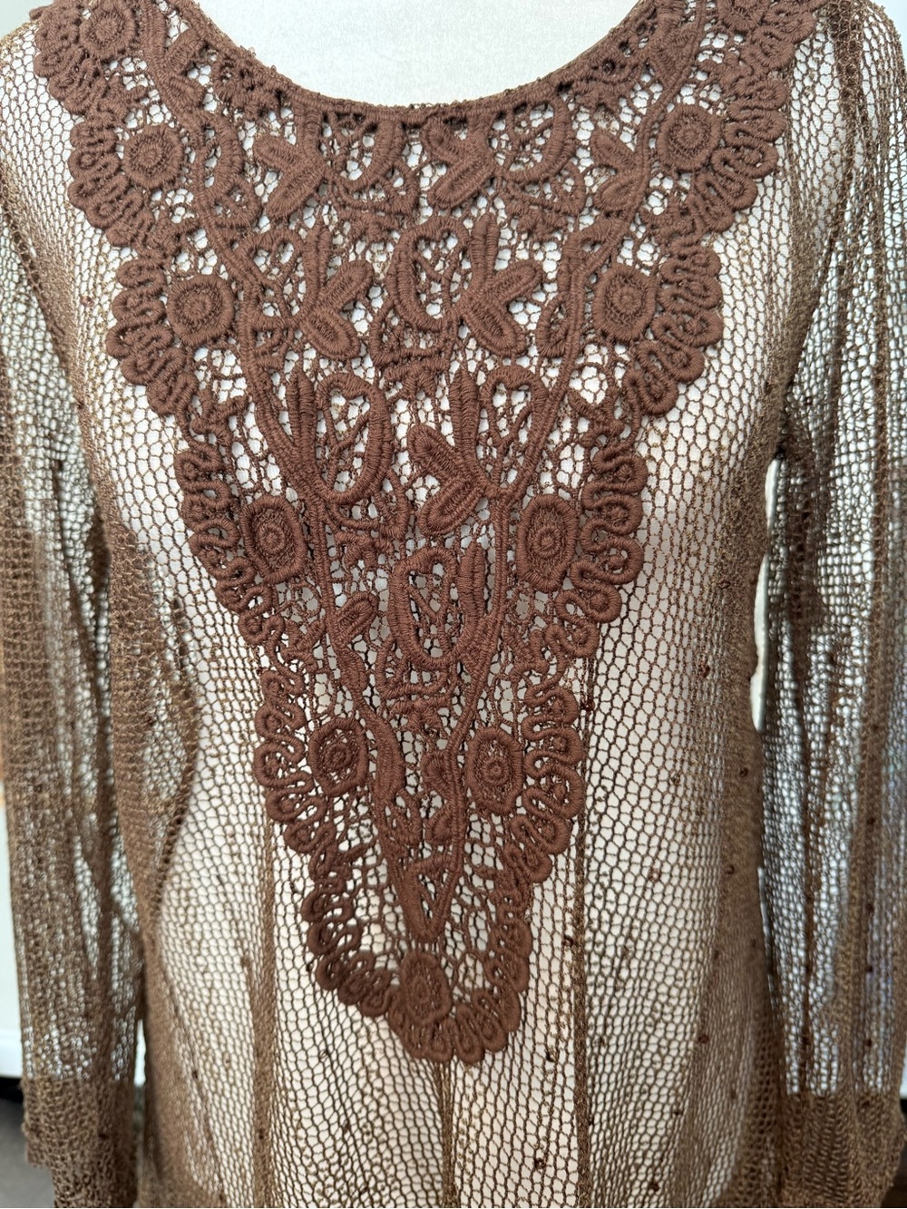 Forest Fairy Brown Crochet Asymmetric Sequined Sheer Brown Top Womens Whimsical
